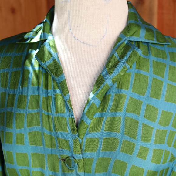 Vintage I. Magnan 100% Silk Green & Blue Geometric Square Shirt Dress - Picture 9 of 17
